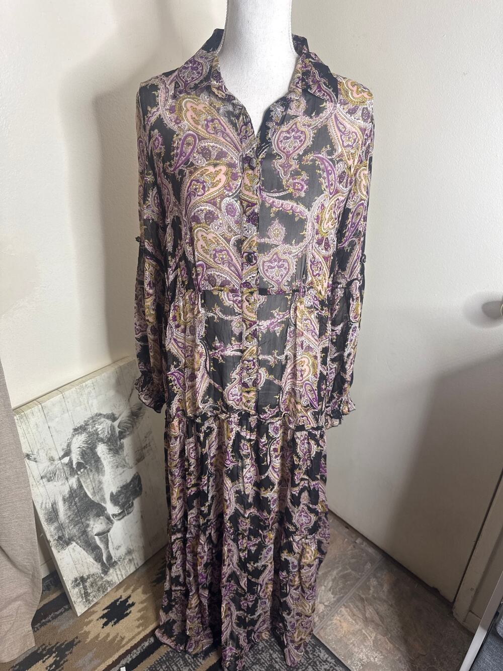 Miss June Paris Sheer Paisley Print Maxi Shirt Dress Black Purple O/S Boho